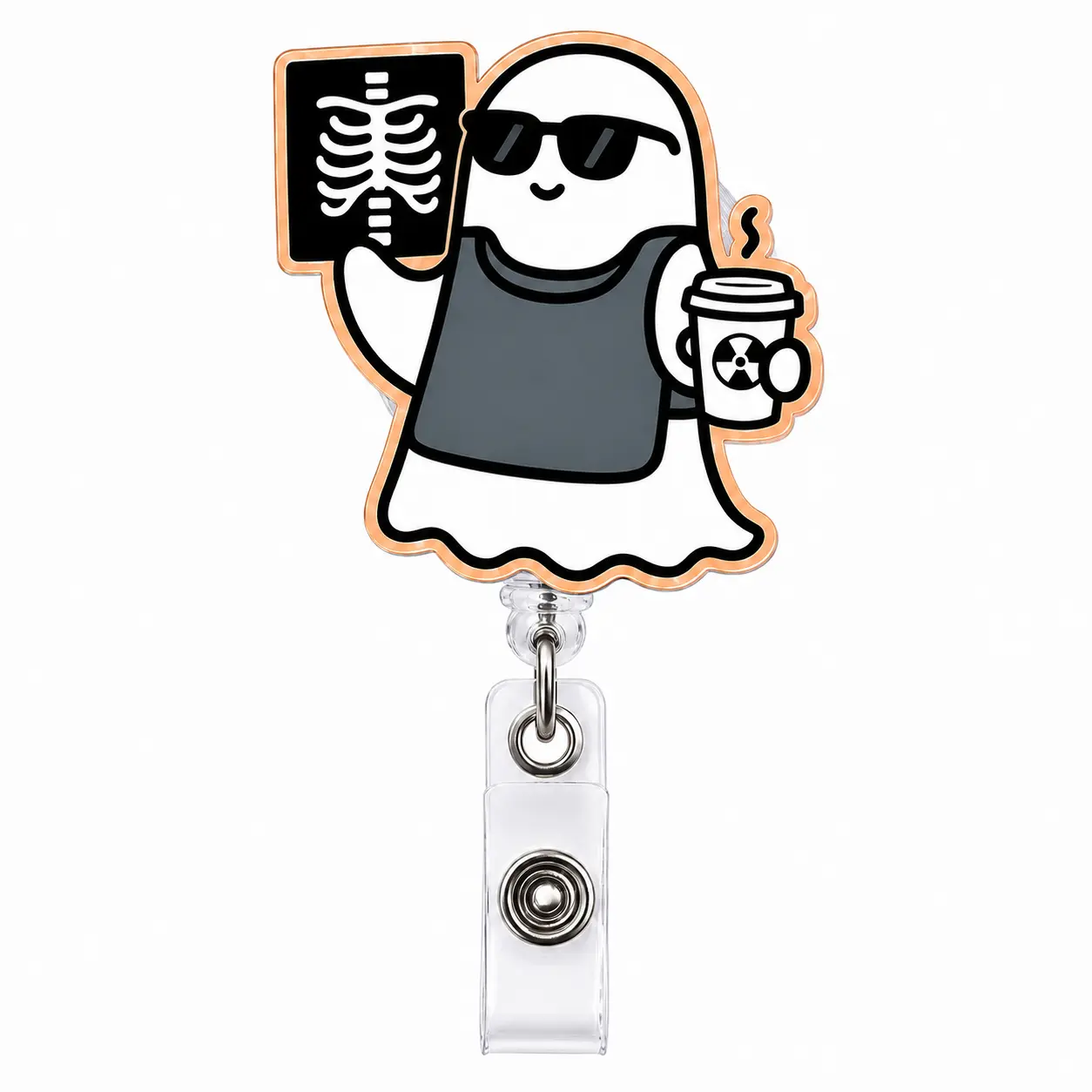 Funny radiology ghost badge reel, X-ray image & coffee retractable ID holder for rad tech, imaging department work accessory, 2 3 4 inch