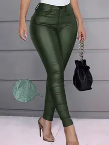 Apperloth Women Army Green PU Leather Skinny Long Pants Trousers Leggings