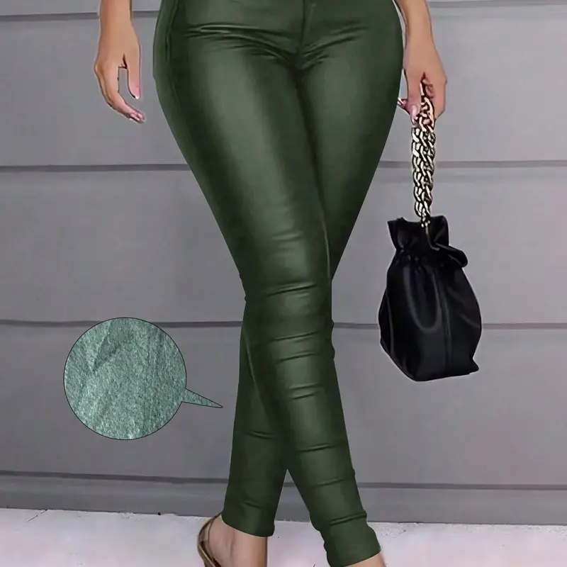 Apperloth Women Army Green PU Leather Fleece-lined Skinny Long Pants Trousers Leggings