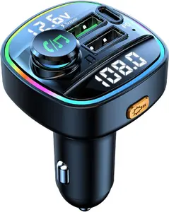 Bluetooth FM Transmitter for Car, Hands Free Calling, Dual Screens Display, QC.& USBC PD W Quick Charger &  Colors LED Backlit Car Radio Bluetooth Adapter, Support USB Disk