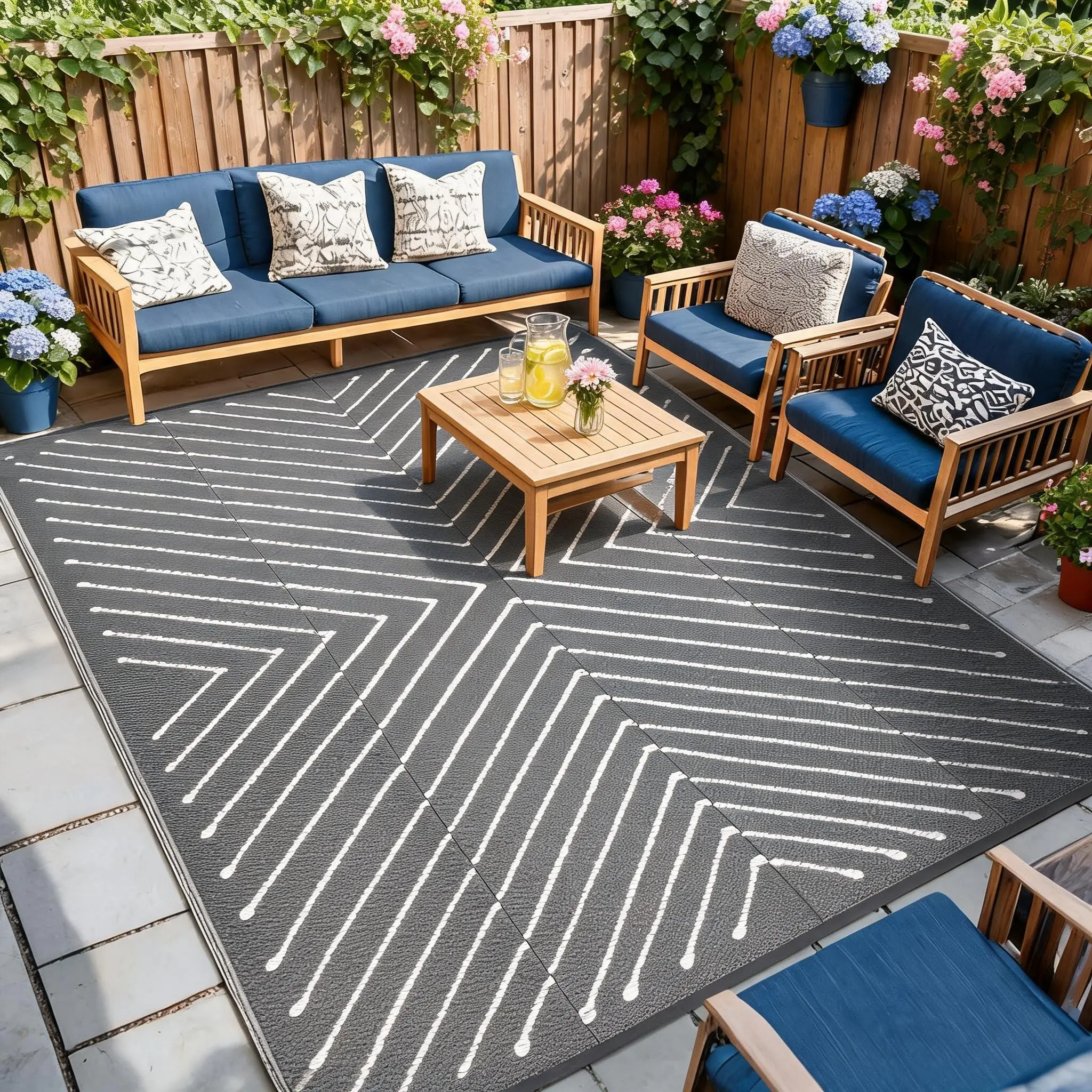 6x9 Rectangular Polypropylene Outdoor Rug - Waterproof, Foldable, Modern Line Pattern Geometric Reversible Mat for Patio Furniture Sets, RV Deck
