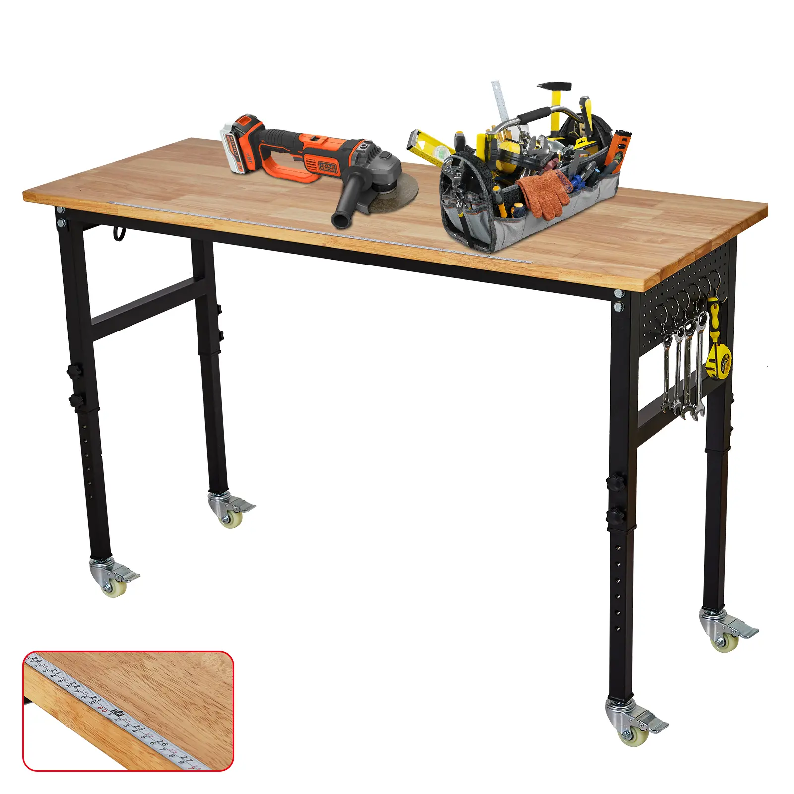 Heavy-Duty Automotive Tool Workbench Cart – Durable Steel Frame, Rubber Wood Top, Mobile with Wheels, Pegboard & Hooks – Ideal for Garage and Workshop, Height Adjust