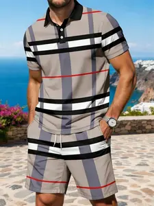 Men's Striped Short Sleeve Polo Shirt Set, Summer Casual Beach Shorts Two-Piece Set, Breathable Comfort Men's Clothing
