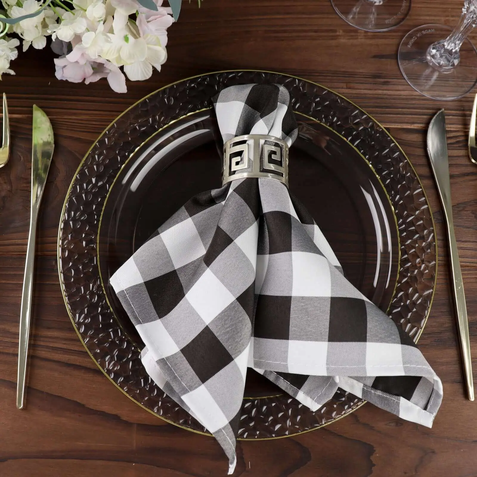 5-Pack Reusable Washable Square Polyester Tableware Napkins, 15in x 15in Black-White Checkered Buffalo Plaid Gingham for Casual Use & Outdoor Dining, Reusable Washable Napkins