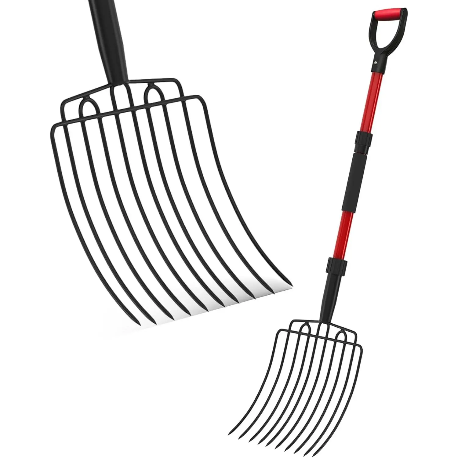 Garden Fork, Wide Fork with 10 Metal Teeth, Heavy Duty Garden Fork with Fiberglass Handle 44inch , Chicken Coop Fork for Composting, Mulching, Composting, Red