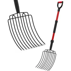 Garden Fork, Wide Fork with 10 Metal Teeth, Heavy Duty Garden Fork with Fiberglass Handle 44inch , Chicken Coop Fork for Composting, Mulching, Composting, Red
