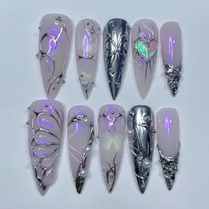 Gothic Press On Nails 3D Silver Ombre Butterfly Heart Charm Pink Purple Y2K