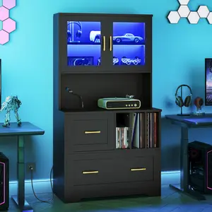 HOOBRO 2 Drawer File Cabinet with Charging Station, LED Lights, and Bookshelf, Farmhouse Filing Cabinet with File Holder Organizer, Fits Letter, Legal, A4 Size, Vertical, for Home