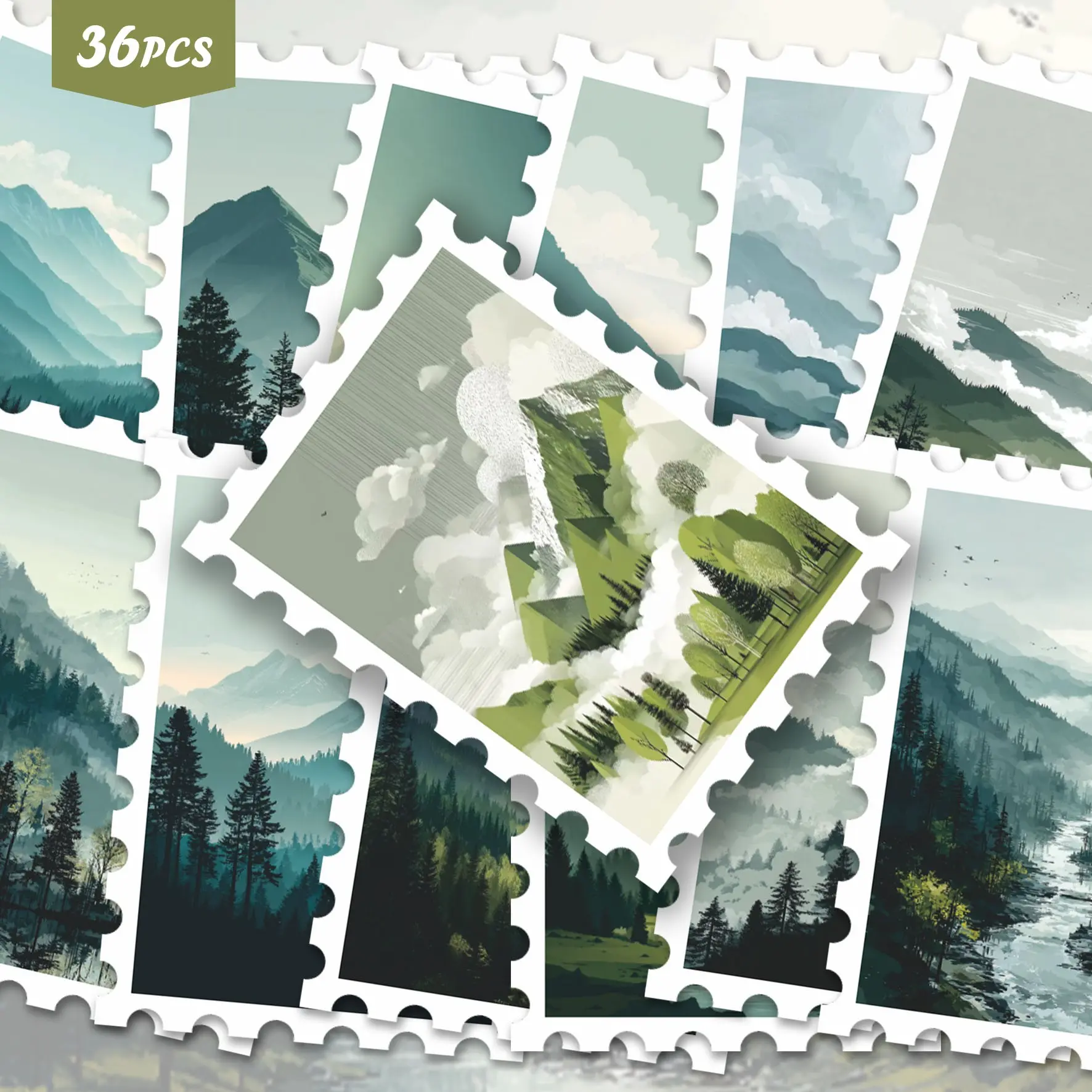 36pcs Minimalist Green Mountain Forest Stickers Pack | Aesthetic Watercolor Nature Landscape Graphics | Vinyl for Journaling, Scrapbooking & Decor, Decorative Stickers