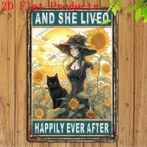 Gothic Garden Scene With Black Cat And Sunflowers Vintage Tin Sign For Home And Cafe Decor