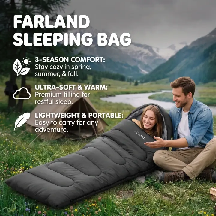 FARLAND 3-Season Waterproof Camping Sleeping Bag, Lightweight Double-Filled Unisex Envelope-Shape Roll-Control Bag for Hiking (Adults & Kids)