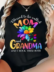 Plus Size Mom And Grandma Print T-Shirt, Casual Crew Neck Short Sleeve Top For Spring & Summer, Women's Plus Size Clothing