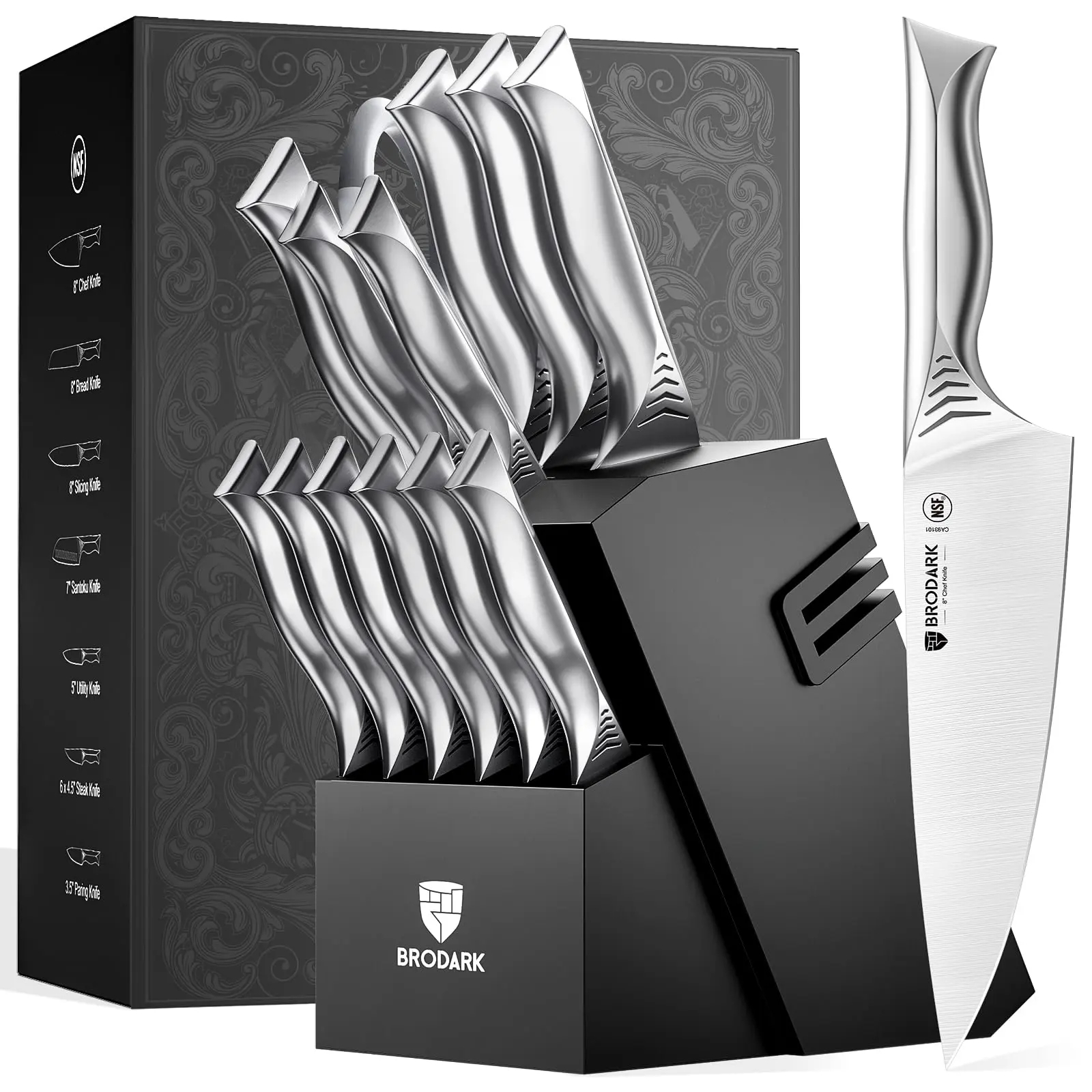 BRODARK Shark Series 15PCS Kitchen Knife Set with Block, NSF Certified German High Carbon Stainless Steel Kitchen Knives, Dishwasher Safe Professional Cooking Knives with Built-in Sharpener, Chef, Steak, Meat & Boning Knives, Ideal Gifts for Men