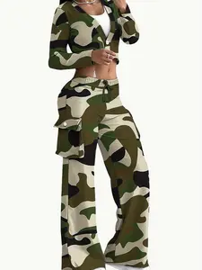 Women's Fashion Camo Print Two-Piece Set, Sexy Short Top & Long Pants, Perfect for Daily Wear, Sporty Chic Style