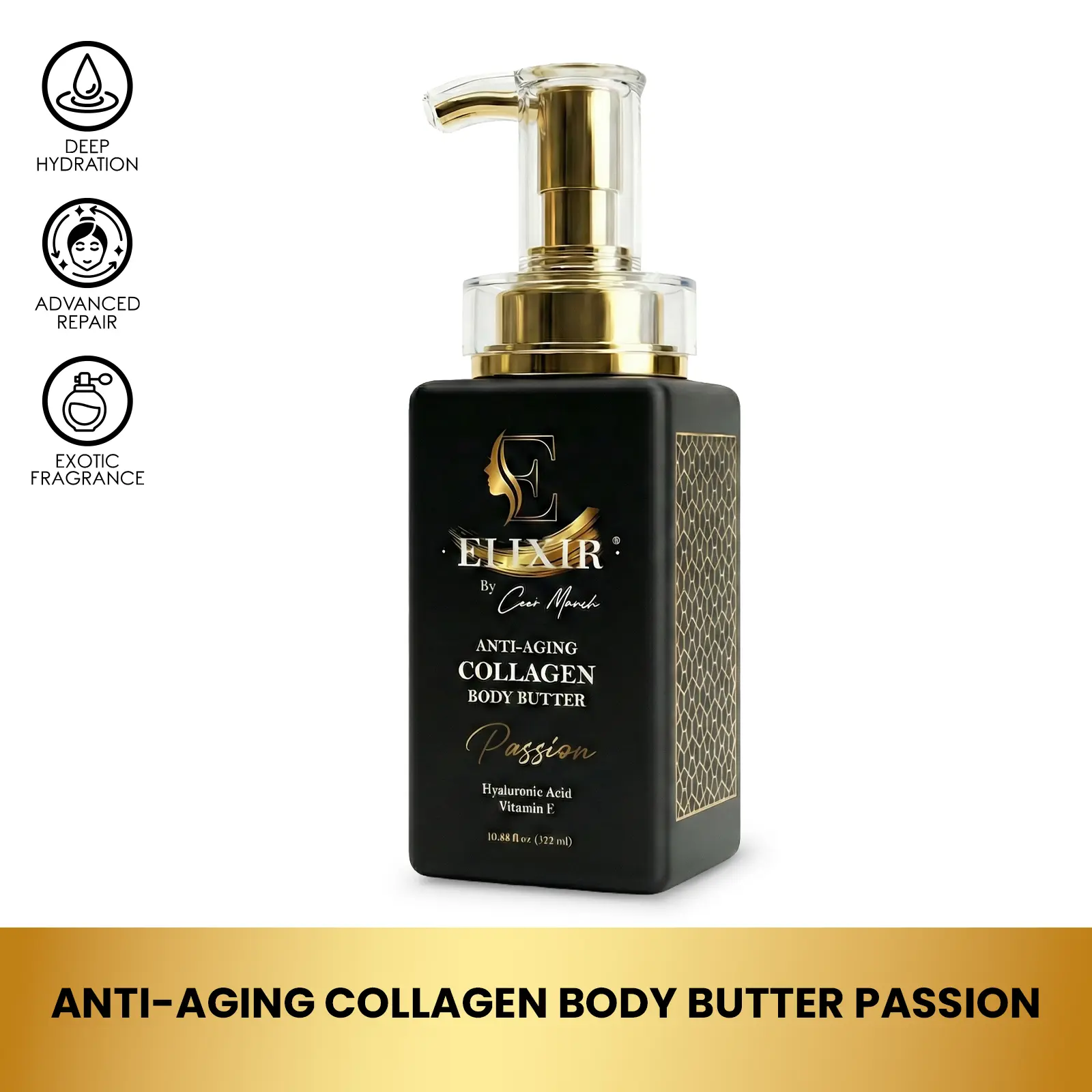 Elixir by Cocó March Passion Anti-Aging Collagen Body Butter Cream - 8.5 fl oz Hydrating Lotion with Shea & Coconut Butters for All Skin Types