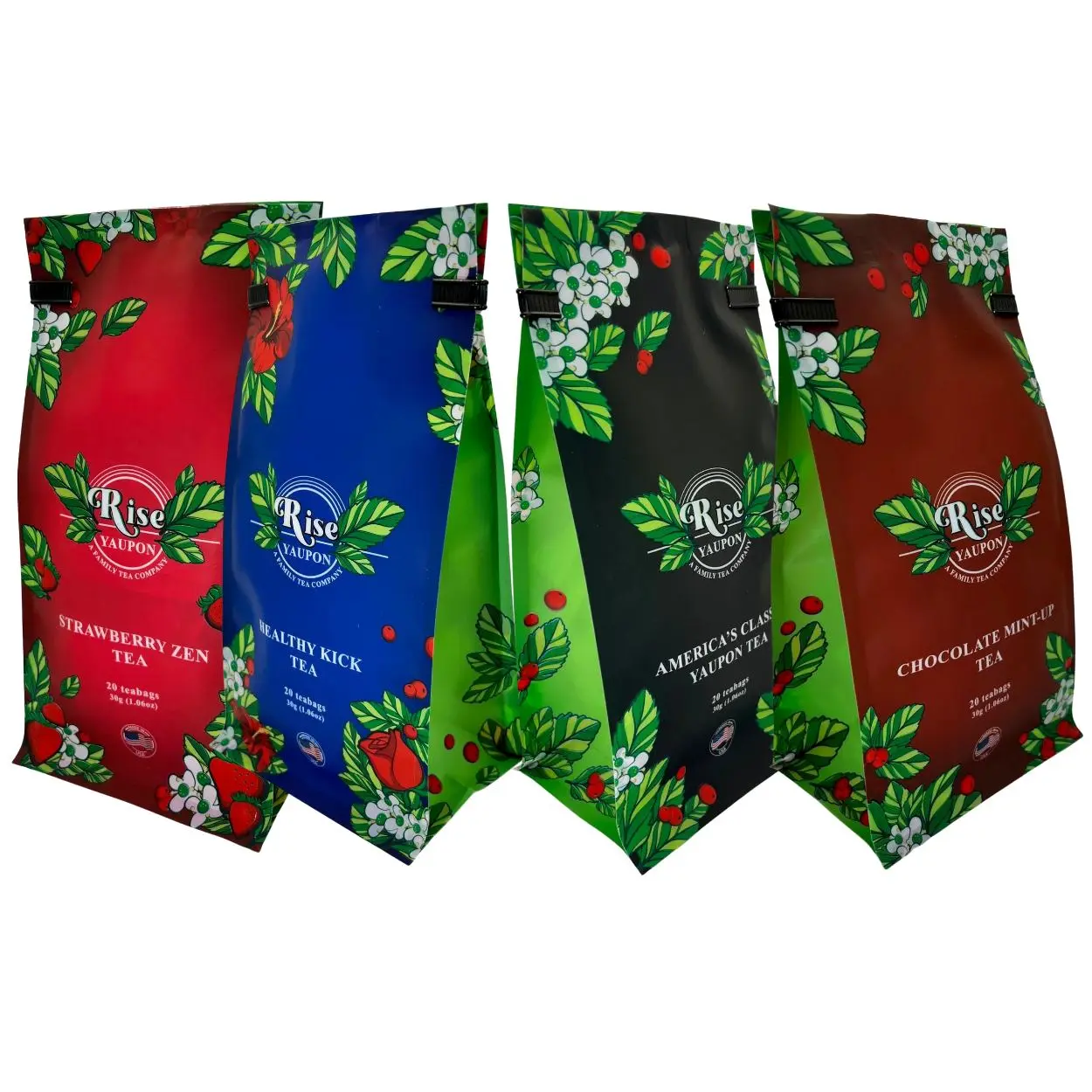 Family Pack - America's Classic Yaupon Tea, Healthy Kick Tea, Strawberry Zen Tea, Chocolate Mint-Up Tea