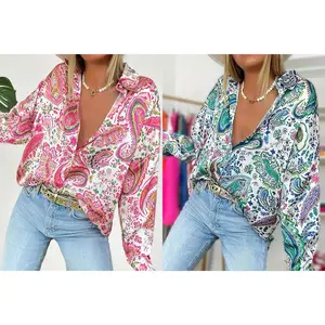 Plus Size Women's Full Body Printed Half Open Collar Long Sleeved Shirt with A Lapel Collar