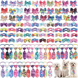 Reginary 100 Pieces Dog Bow Tie Collar Set Include 40 Dog Neckties, and 30 Puppy Bowties, 30 Collar Flowers, Adjustable Pet Ties Grooming for Small Medium Cats Pets Supply(Tie-Dye) Reginary