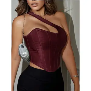 Satin single-shoulder lace-up backless asymmetrical hem, boned bust-shaping tight corset with exposed navel top GARMENTARY