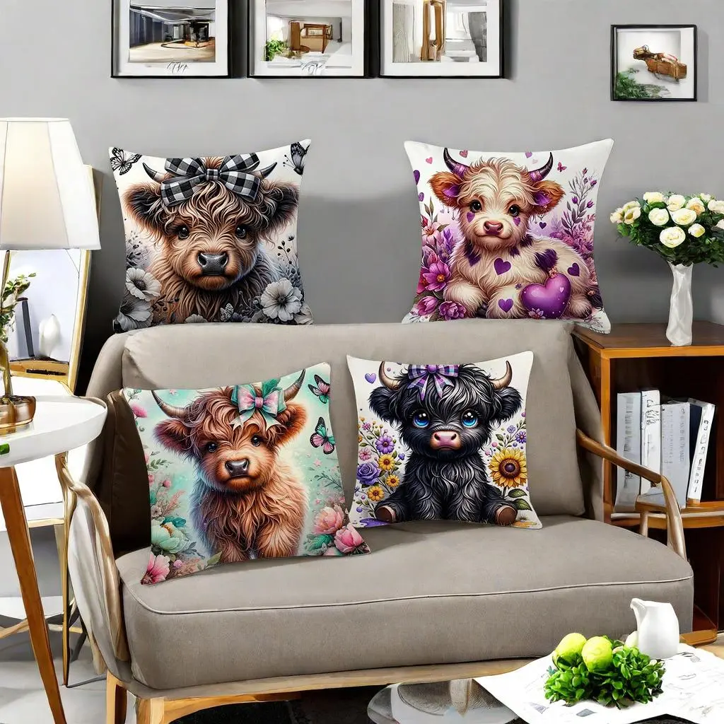 Highland Cow Pattern Cushion Cover, 4 Counts/set Square Throw Pillow Cover, Household Decoration Supplies for Home Living Room Bedroom, Bedroom Decorative Accessories, Durable Cushions, Room Cozy Accessories