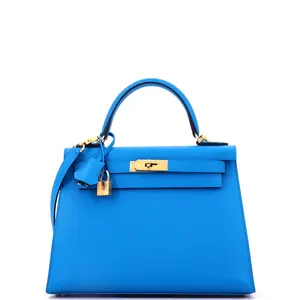 Pre-owned HERMÈS Leather Top Handle Bags Hermes Kelly Handbag Bleu Frida Madame with Gold Hardware 28 by Rebag