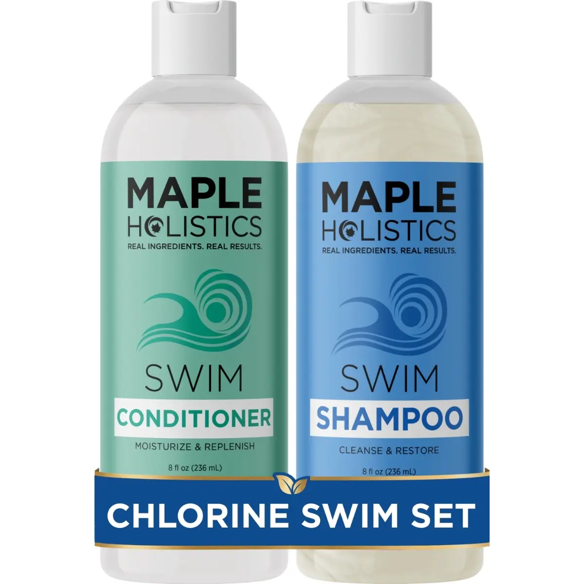 Maple Holistics After Swim Shampoo and Conditioner Set for Swimmers - Clarifying Chlorine Removal Hair Care - Saltwater and Hard Water Build Up Cleansing - Nourishing Argan Oil Coconut Green Tea Jojoba Lavender Rosemary Vegan Botanical Set for Hair