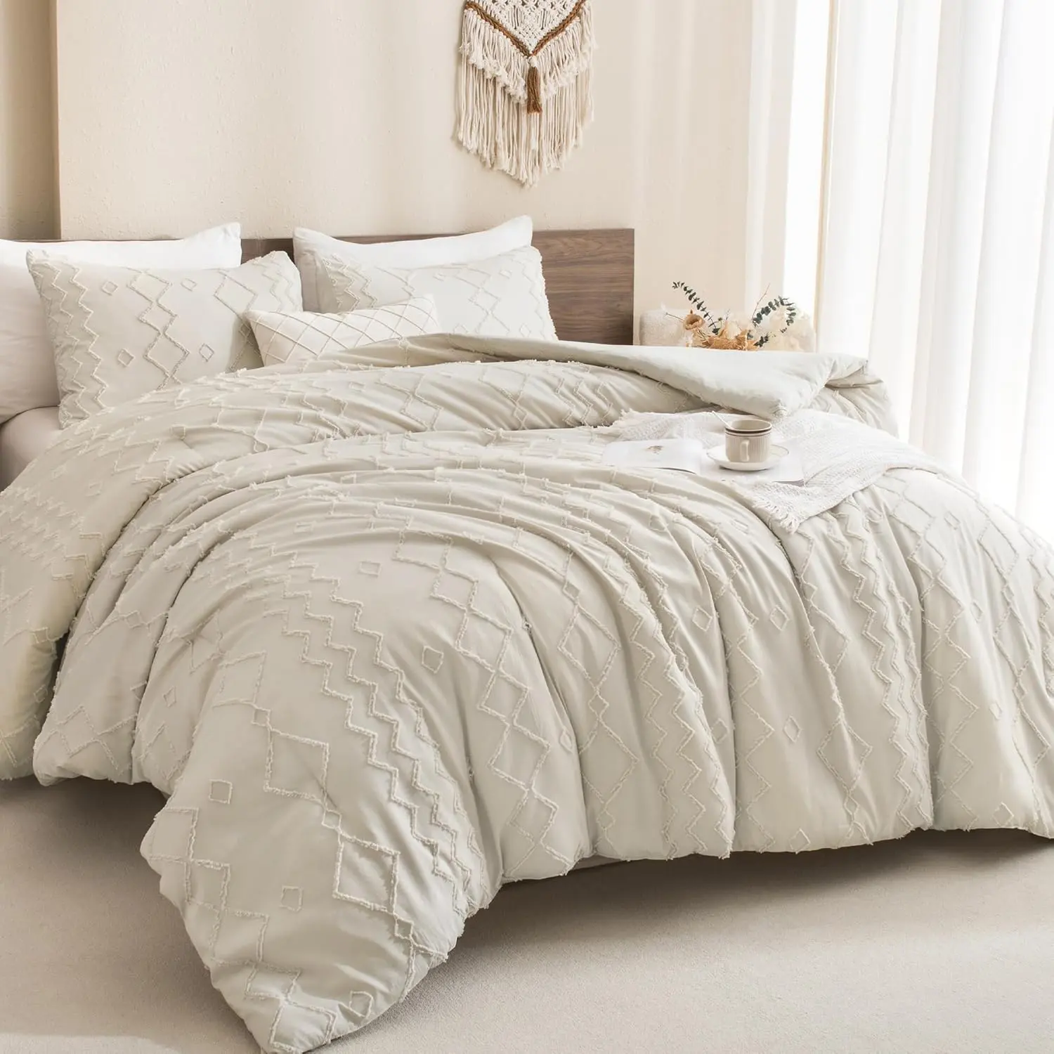 Beige Tufted Comforter Twin(66x90Inch), 2(1 Boho Comforter, 1 Pillowcase) Textured Farmhouse Comforter, Microfiber Down Alternative Geometric Comforter
