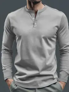 Men's Solid Long Sleeve Tee, Regular Fit Casual Comfy Round Neck T-Shirt for Spring & Fall, Men's Top for Daily Wear