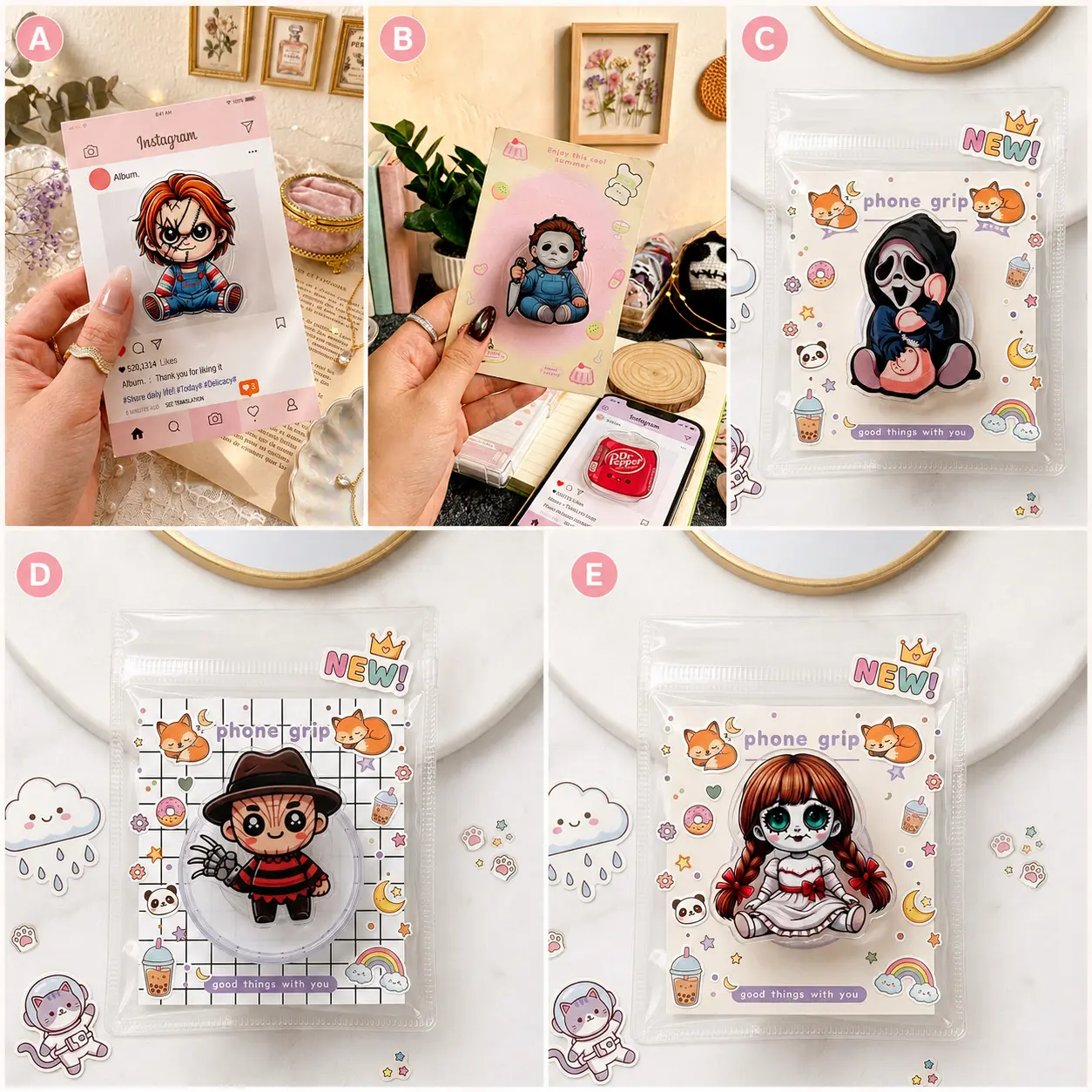 Horror Movie Phone Grip Set, Cute Creepy Slasher Phone Stand Holder, Halloween Phone Accessory Collection 5 Styles