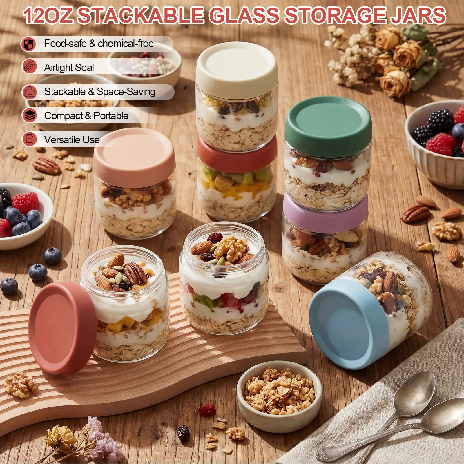 12 Pack Overnight Oats Containers with Lids, Wide Mouth Jars, Glass Food Storage Containers with Airtight Lids, CRYSTAL Storage Canister for Cereal Salad Spice Sugar (Bright Color, 12oz)
