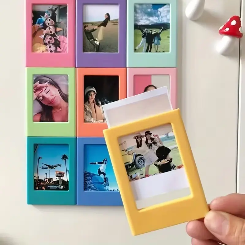 Set of 4 Bohemian Round Magnetic Photo Frames - Flat Plastic Display for Fuji INSTAX Mini, Perfect for Office, Kitchen & Living Room Decor