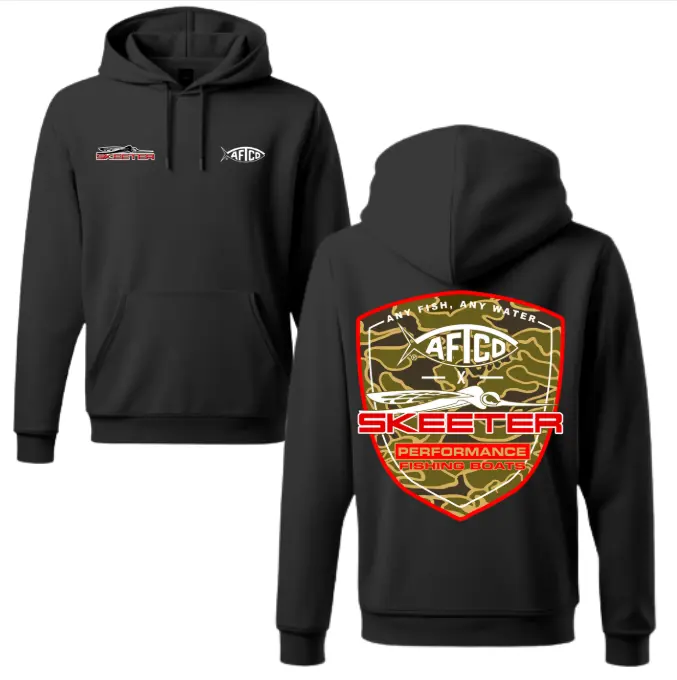 Skeeter Boats Vintage Streetwear Fishing Hoodie, Camouflage Performance Graphic Pullover, Soft Cotton Blend Outdoor Hoodie for Men & Women, Fishing Enthusiast Gift