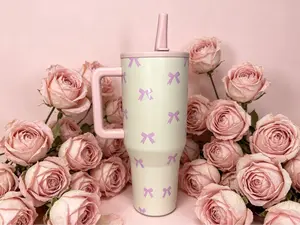 HydroJug 40oz Cream Tumbler with Pastel Pink Bow Pattern - Double Wall Vacuum Insulated Travel Mug, Ergonomic Pink Handle, Reusable Straw, Leak-Proof Lid for Iced Coffee, Water