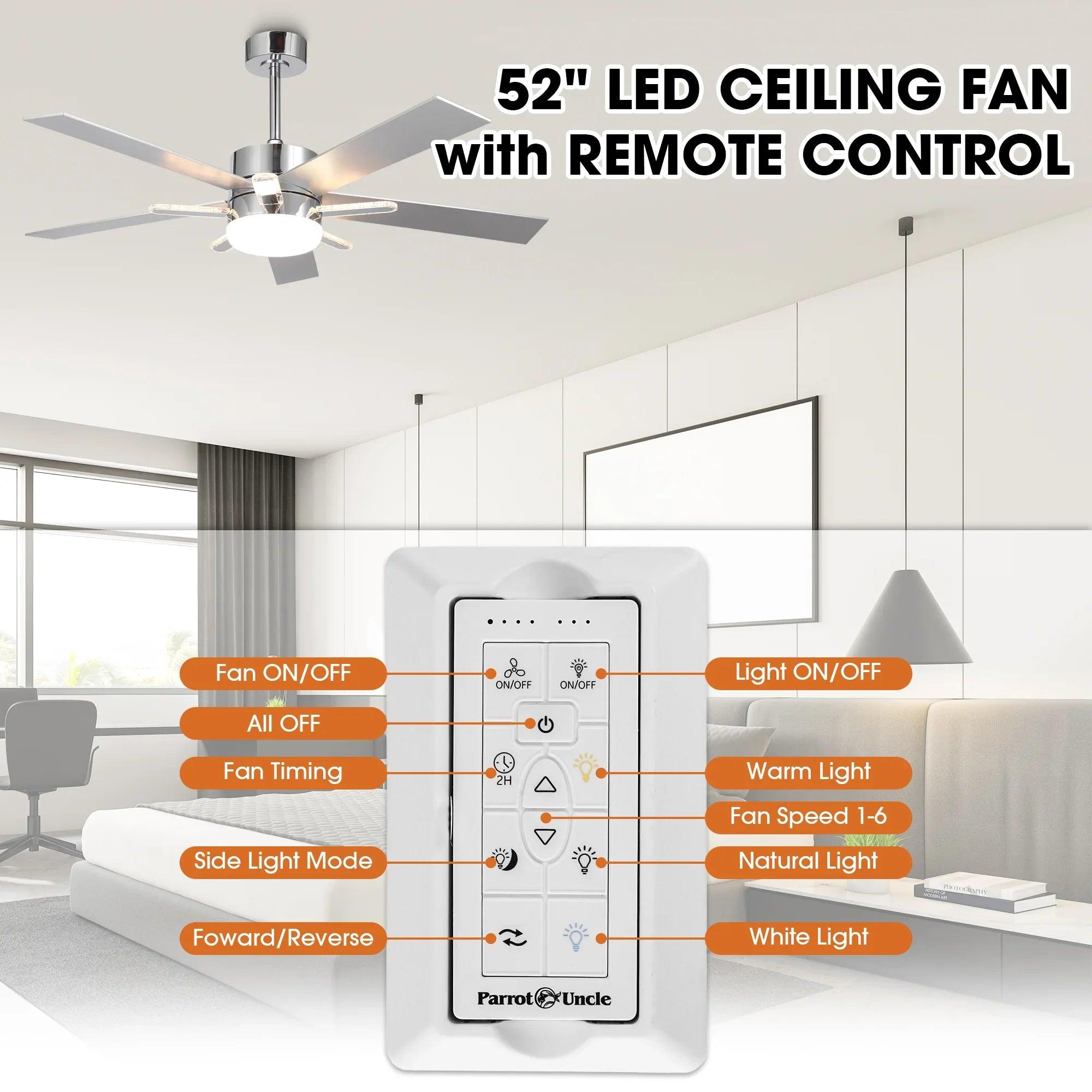 52" Modern Ceiling Fan Double-sided Blades with Main & Side LED Light Downrod Mount