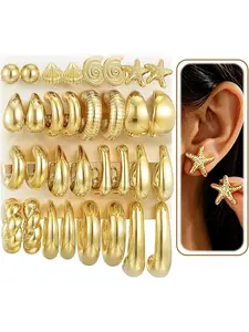 16 Pairs Starfish Chunky Hoop Earrings Set for Women, Beach Shell Style Stack Statement Earrings, Hypoallergenic Summer Jewelry Gift, Stackable Earrings
