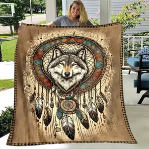 1pc Indian Dreamcatcher Wolf Blanket - Lightweight Flannel Throw For Sofa, Bed, Travel, Camping, Livingroom, Office, Couch, Chair, And Bed - Digital Printing Fleece Blanket With Soft And Warm Flannel Fabric