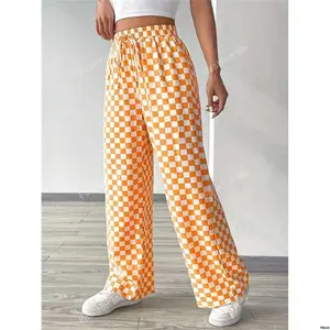 FallCasualDrawstringHighWaistWideLegLongOrangeLooseWomenPants LadiesSpring PlaidPrintedCasualLooseBeltedWideLegPants / CasualDailyWear