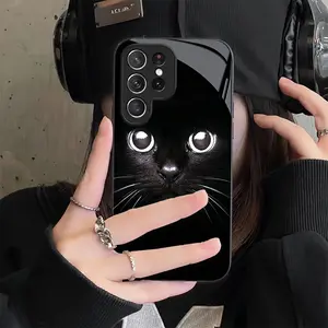 New Black Tempered Glass Phone Case Featuring a Super Cool Cat Face, Compatible with Samsung Galaxy S26 S25 S24 S23 S22Pro S21 S20 Fe Plus Ultra Pro A56 A55 A54 A53 A52 A51 A36 A35 A34 A32 A26 A25 A24 A23 A16 A15 A14 A06 A05 A03s
