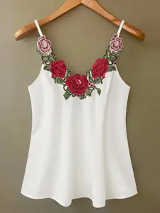 Elegant Halter Top for Women, Sleeveless Woven Design with Rose Embroidery, Loose Fit for Daily Wear & Layering, Womenswear