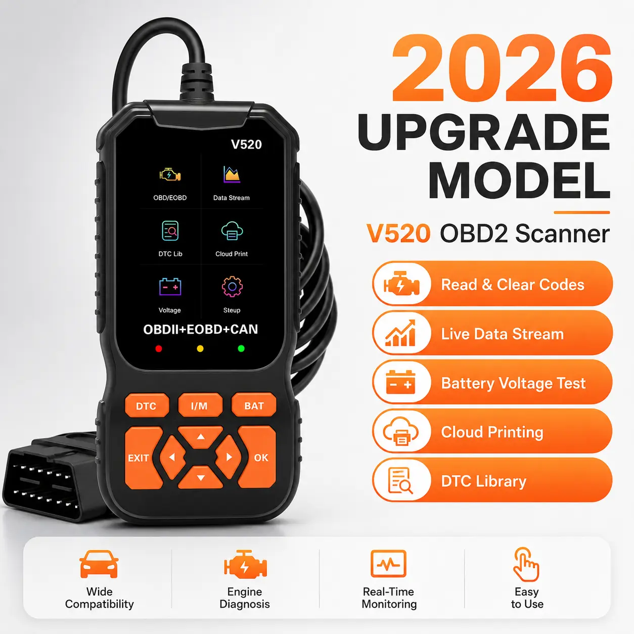 V520 OBDII/EOBD Car Scanner, Engine Fault Code Reader with Live Data, DTC Lookup, O2 Sensor Test, Vehicle Information and Battery Voltage Check