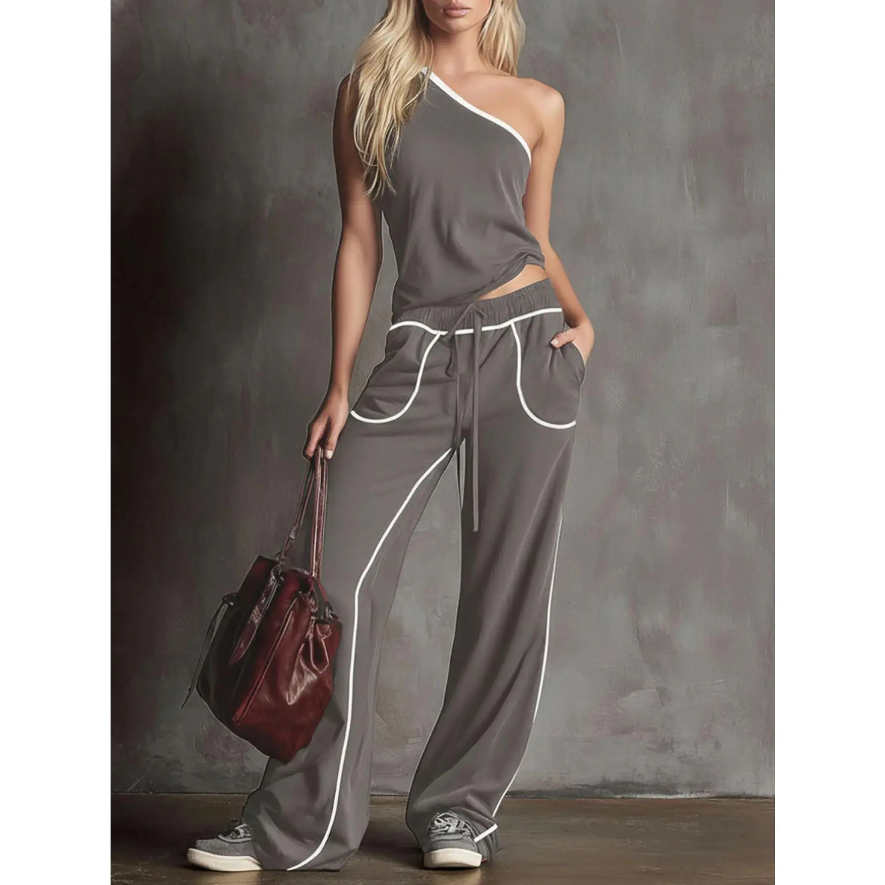 SYHAN 2026 Latest 2pcs Women'S Spring-Summer One-Shoulder Waist-Cut Top + Drawstring Wide-Leg Pants Set| Easy Contrast Design, Elegant Solid Color, Suitable For Daily Outings And Light Casual Occasions, Lady, Knit,summervibes