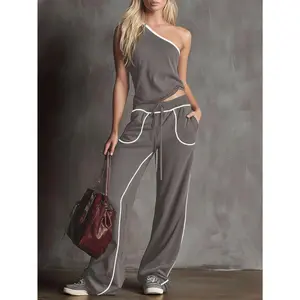 SYHAN 2026 Latest 2pcs Women'S Spring-Summer One-Shoulder Waist-Cut Top + Drawstring Wide-Leg Pants Set| Easy Contrast Design, Elegant Solid Color, Suitable For Daily Outings And Light Casual Occasions, Lady, Knit,summervibes