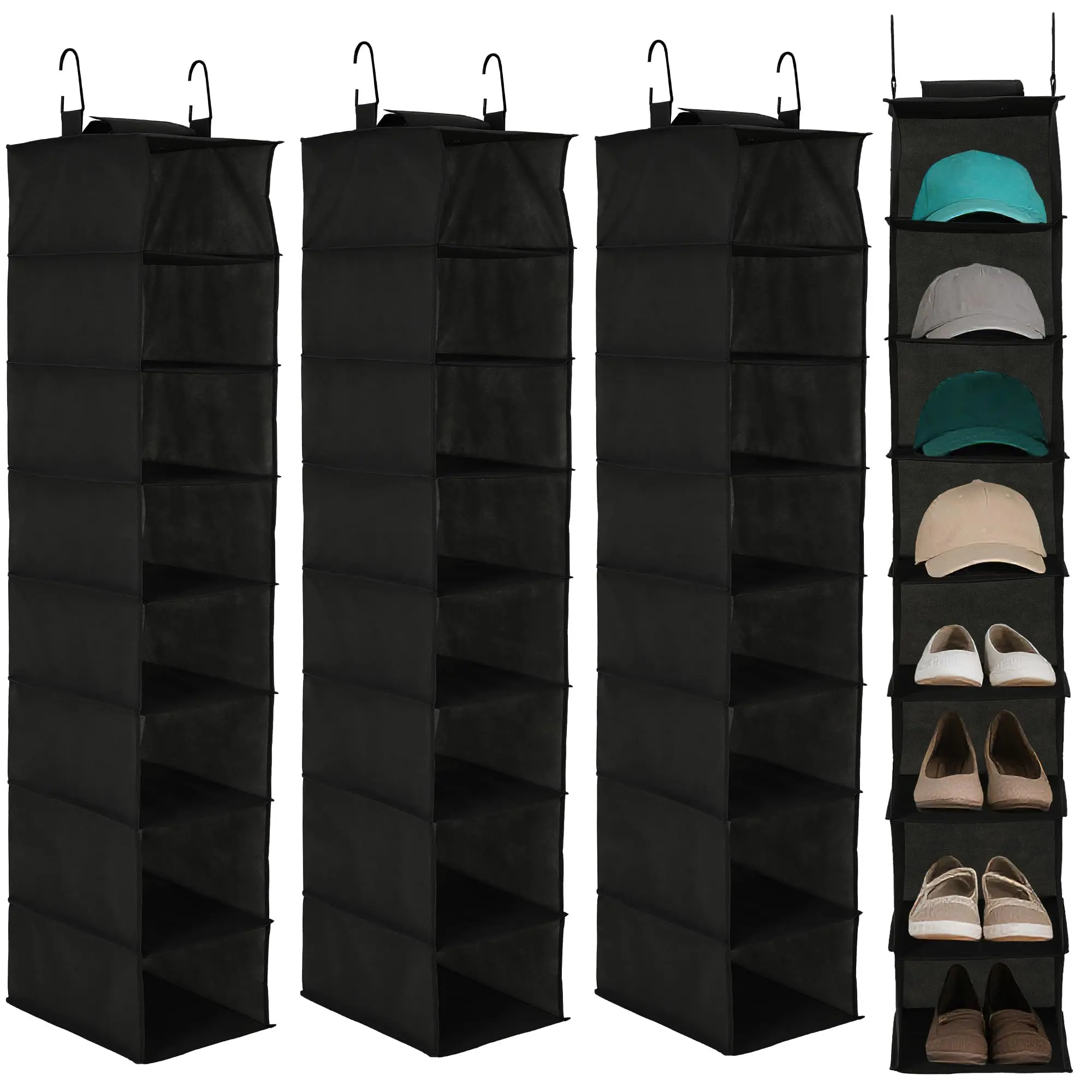 Garvee 3-Tier Hanging Shoe Organizer for Closet, Gray with 8-Shelf Storage and 2 Hooks, Easy No-Tools Installation, Space-Saving Design for Shoes, Purses, Scarves, and Accessories, 3 Pack