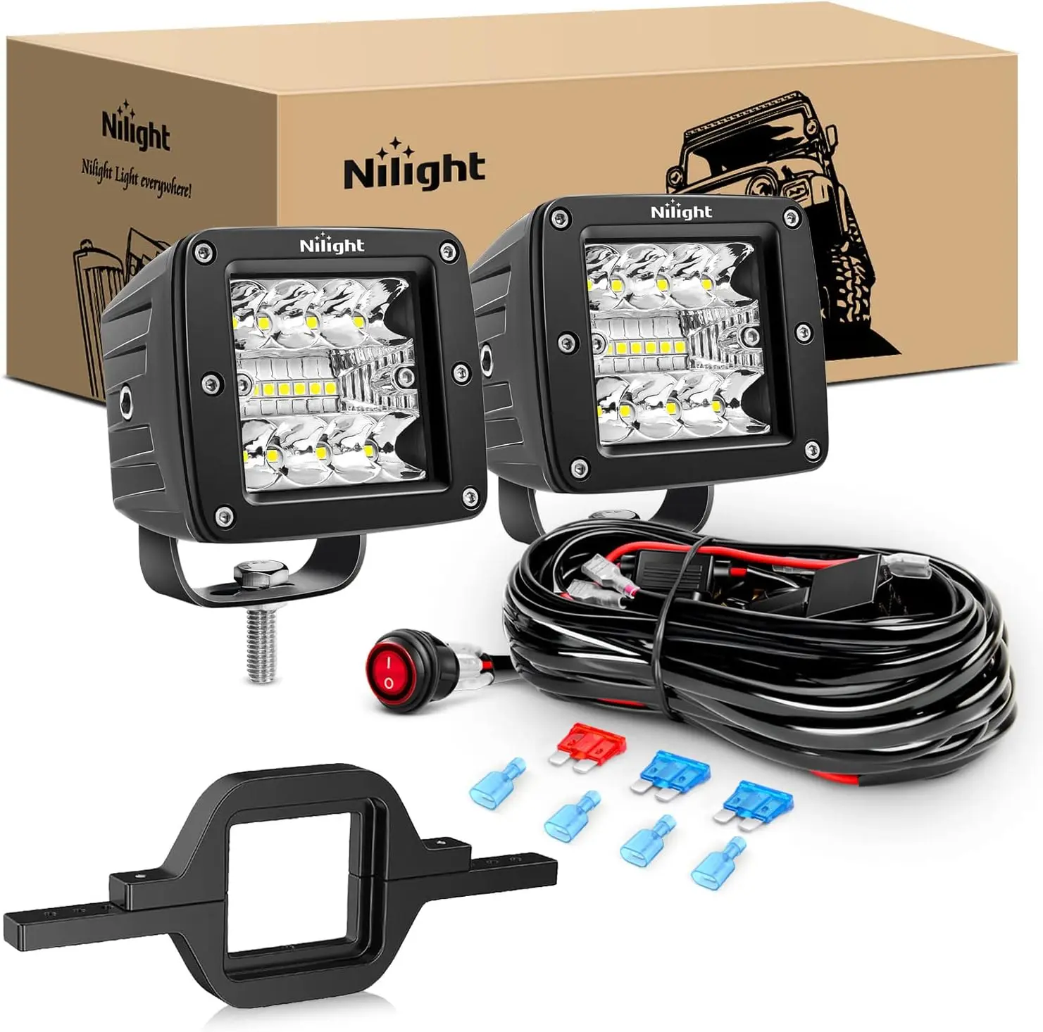 Nilight 2Pcs 3-Inch LED Pods with 2-Inch Tow Hitch Mounting Brackets, 2-Lead Wiring Harness Kit, SUV Compatible Rear Work Light for Trucks, Trailers, Led Work Light