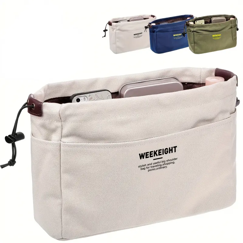 Lightweight Canvas Drawstring Organizer Bag with Multiple Pockets - Large Capacity Travel Storage for Cosmetics, Electronics & Accessories, Machine Washable, Casual Style (Army Green/Beige/Blue), Accessory Organization | Secure Zipper Pouch