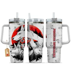 [Sip40 Otaku] Princess Mononoke 40oz Tumbler With Handle Stainless Steel Tumbler, Studio Ghibli Anime Travel Mug, Forest Spirit Fantasy Cup, Double Wall Insulated Iced Coffee Tumbler, Gift for Anime & Ghibli Fans