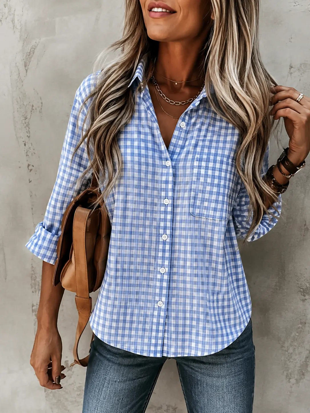 100% polyester checked-design button-front collared shirts, checked-design chest pockets and high-low hems, summer casual fitted shoulder-roll sleeves shirts, women’s everyday clothing, tops, shirts, women’s apparel