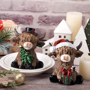 Highland Cow Christmas Statue, Candy Cane Tree Dwarf Scottish Resin Figurine, Home Garden Kitchen Office Layered Tray Desktop Decoration Gift, Home Decor Ornaments