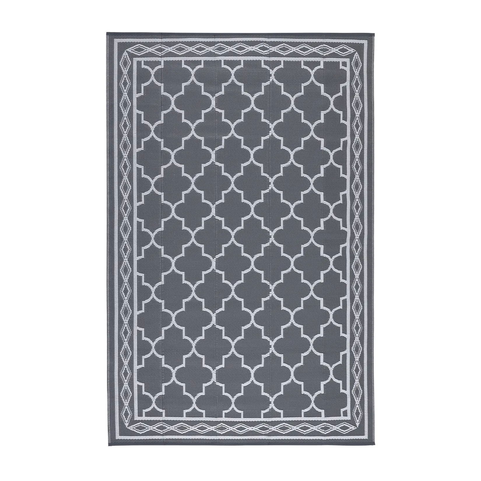 9 x 12 ft Gray and White Plastic Oblong Area Rug, Modern Moroccan-Inspired Ethnic Patterned Dual-Sided Rug with Rhomb Border, for Beach, Patio Use, Dual-Sided Area Rugs, Ethnic Area Rugs