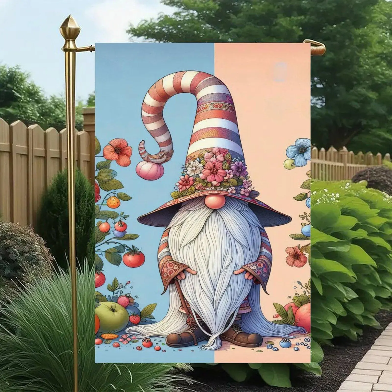Vintage Floral Fruit Gnome Double-Sided Garden Flag, 12x18in Waterproof Linen with Heat Transfer Prints, 1-Piece Spring Farmhouse Outdoor Yard Art, Festive Home Supplies Banner (sd20505003)